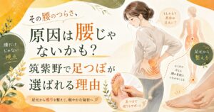 その腰のつらさは腰だけが原因ではないかもしれないと伝える、筑紫野の足つぼケアを紹介するアイキャッチ画像