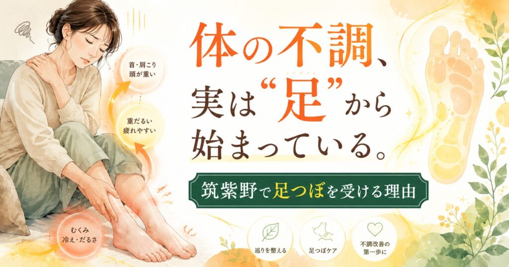 体の不調は足から始まっていることを伝える、筑紫野の足つぼケアを紹介する女性向けアイキャッチ画像