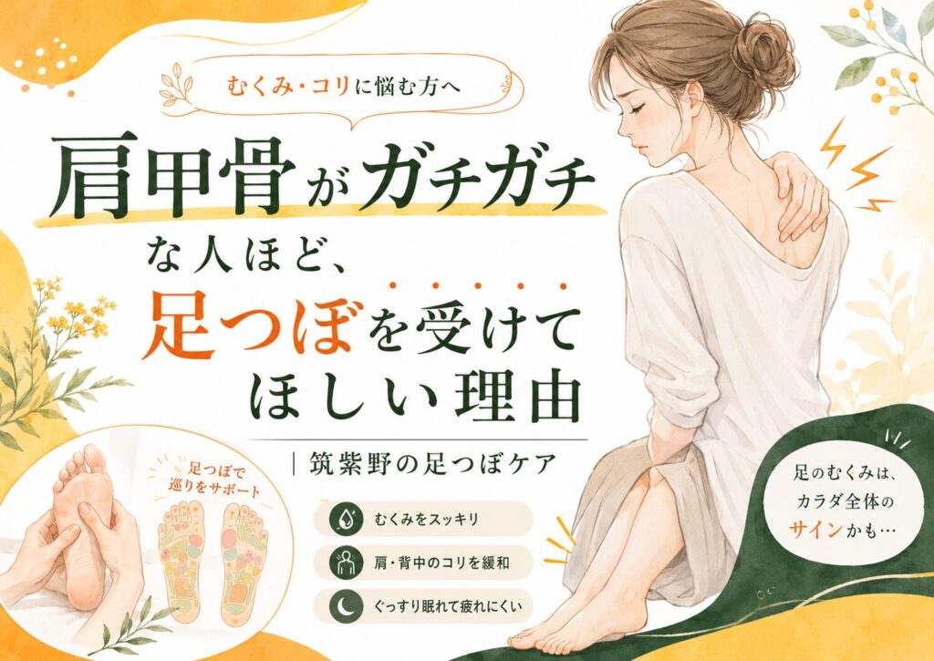 肩甲骨がガチガチで悩む女性に向けて、筑紫野の足つぼケアで肩まわりや足のむくみを整えるイメージ画像