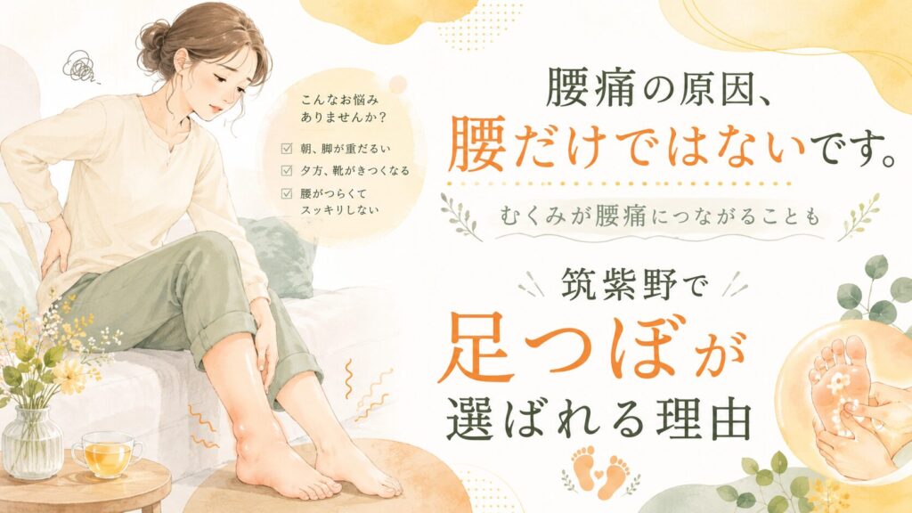 足のむくみと腰痛に悩む女性が、筑紫野の足つぼで体の巡りを整えるイメージ
