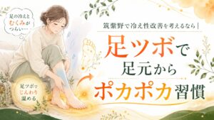 筑紫野で冷え性改善を考える女性に向けた足ツボのアイキャッチ画像。足元の冷えやむくみに悩む女性と、足ツボでポカポカ温まる習慣を表現。
