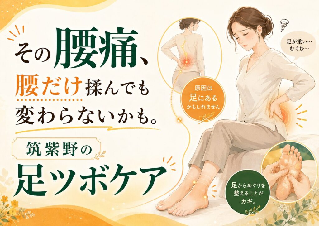 腰痛に効く足ツボケアを筑紫野で探す女性に向けた、足のむくみと腰痛の関係を伝えるアイキャッチ画像