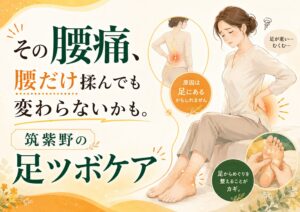 腰痛に効く足ツボケアを筑紫野で探す女性に向けた、足のむくみと腰痛の関係を伝えるアイキャッチ画像