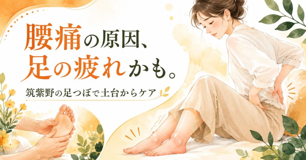 腰痛の原因が足の疲れやむくみに関係する可能性を伝える、筑紫野の足つぼケアのアイキャッチ画像