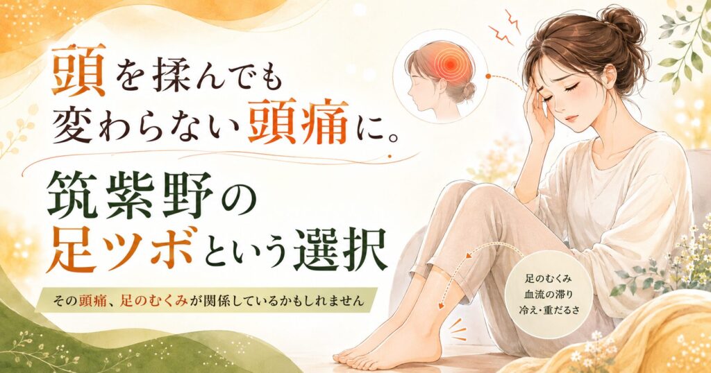 頭を揉んでも変わらない頭痛に悩む女性と、足のむくみ・血流の滞りを示した筑紫野の足ツボ記事アイキャッチ画像