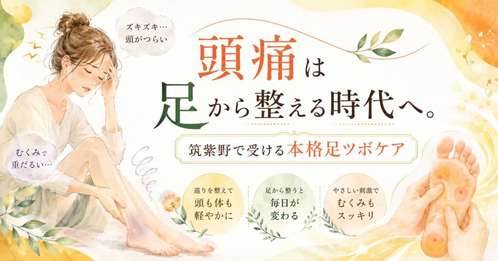 筑紫野で受ける本格足ツボケアを紹介するアイキャッチ画像。頭痛やむくみで悩む女性に向けて、足から全身の巡りを整えるケアを伝えるやさしいイラスト。