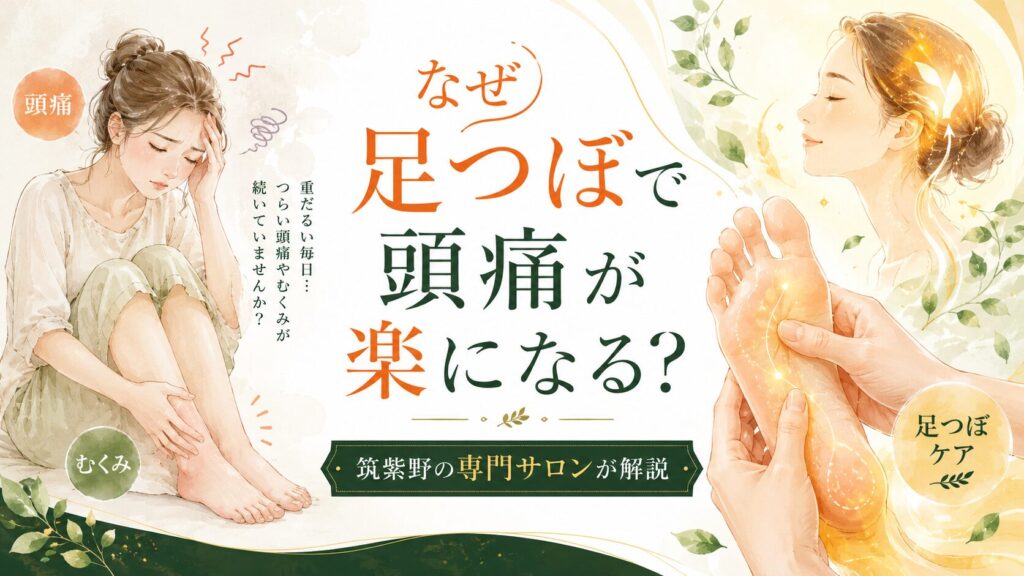 足つぼで頭痛改善を目指す筑紫野の専門サロンのアイキャッチ画像。頭痛やむくみに悩む女性と足つぼケアのイラスト。