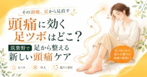 頭痛に効く足ツボを筑紫野で探している方向けに、足のむくみや冷え、巡りの滞りから頭痛ケアを見直すイメージ画像