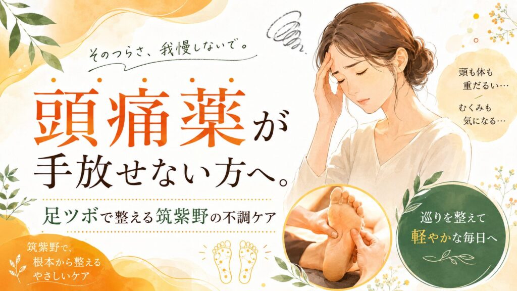 頭痛薬が手放せない方へ向けた、筑紫野で足ツボによる不調ケアを紹介するアイキャッチ画像。頭痛やむくみ、体の重だるさを足元から整えるイメージ。