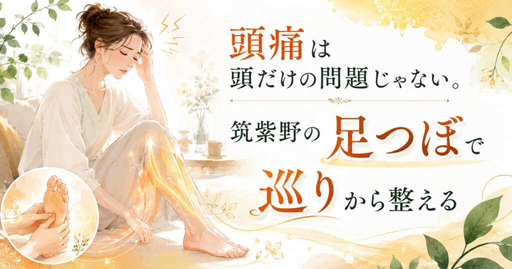 頭痛は頭だけでなく足の巡りも関係することを伝える、筑紫野の足つぼケアのアイキャッチ画像