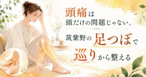 頭痛は頭だけでなく足の巡りも関係することを伝える、筑紫野の足つぼケアのアイキャッチ画像