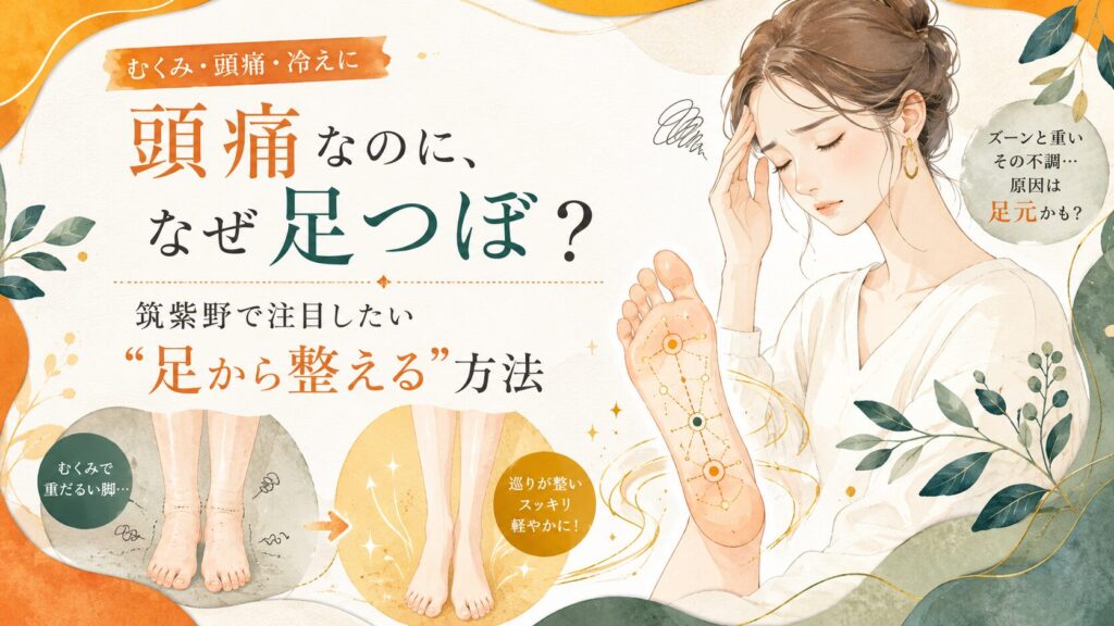 頭痛やむくみ、冷えに悩む女性と足つぼの反射区を描いた、筑紫野で足から整える方法を紹介するアイキャッチ画像
