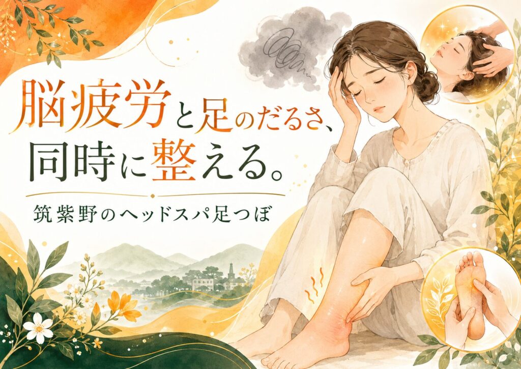 脳疲労と足のだるさに悩む女性へ、筑紫野でヘッドスパと足つぼを同時に受けられる健楽足つぼのアイキャッチ画像