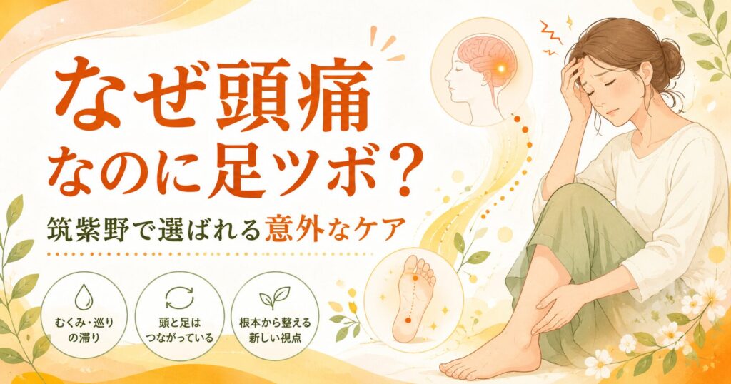 頭痛に悩む女性と足ツボの関係を表したイラスト。筑紫野で頭痛に効く足ツボケアを紹介する記事のアイキャッチ画像。