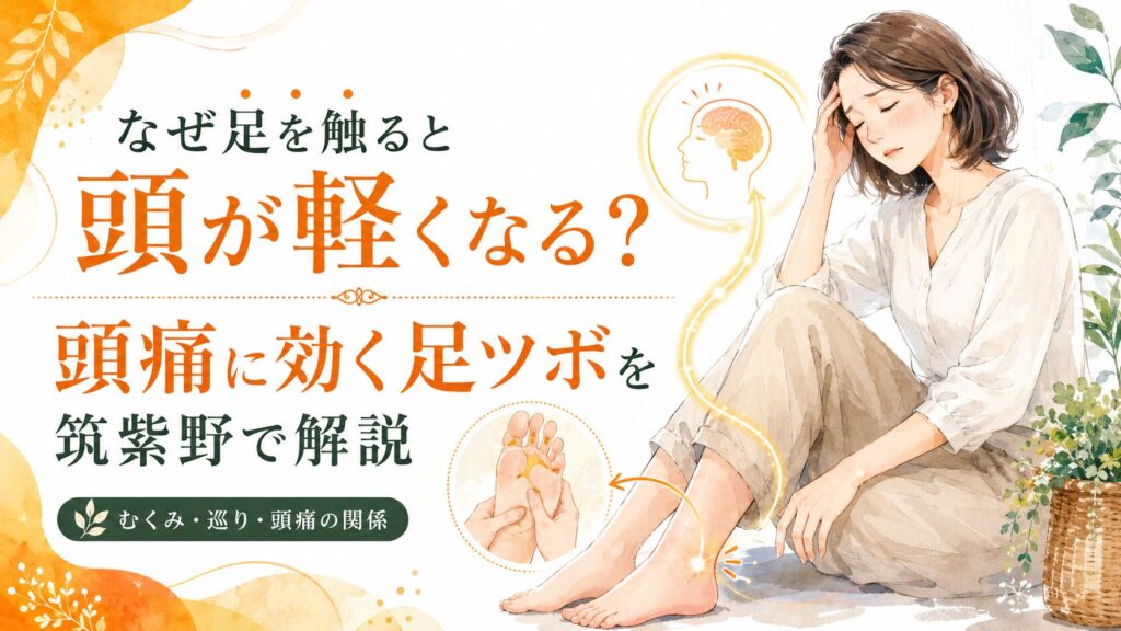 頭痛に効く足ツボを筑紫野で解説する記事のアイキャッチ画像。足のむくみや巡りと頭の重さの関係を表現した女性向けのやさしいイラスト。