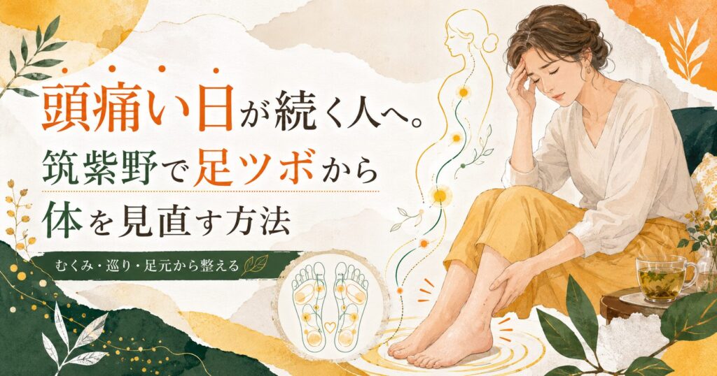 頭痛い日が続く人へ、筑紫野で足ツボからむくみや巡りを見直す方法を紹介するアイキャッチ画像