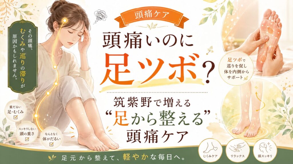 頭痛いのに足ツボ？筑紫野で足元のむくみや巡りから整える頭痛ケアを紹介するアイキャッチ画像