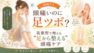 頭痛いのに足ツボ?筑紫野で足元のむくみや巡りから整える頭痛ケアを紹介するアイキャッチ画像