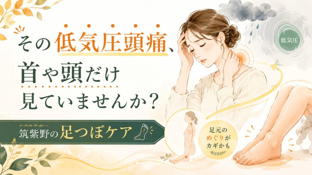 低気圧による頭痛と足元のめぐりの関係を伝える、筑紫野の足つぼケアのアイキャッチ画像