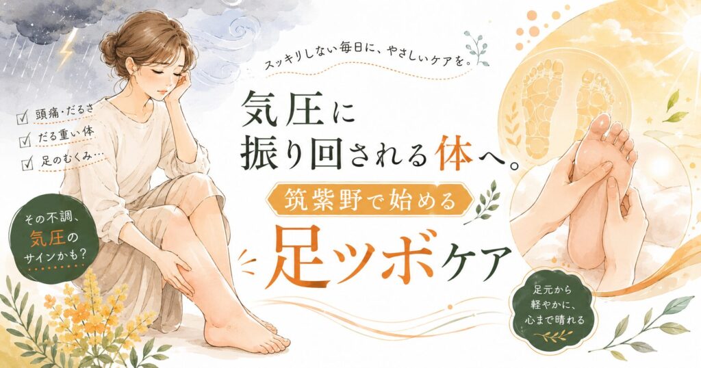 気圧によるだるさや足のむくみに悩む女性と、筑紫野で受けられる足ツボケアをイメージした優しいイラスト