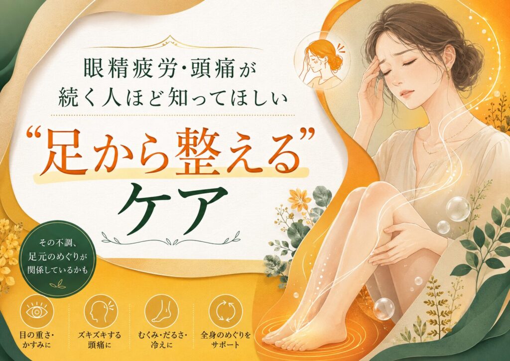 眼精疲労や頭痛に悩む女性が、足つぼによる足から整えるケアで巡りをサポートするイメージ画像