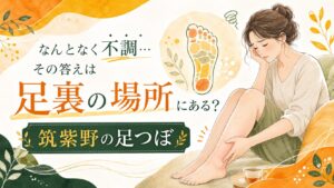 足裏の場所と不調の関係を表した、筑紫野の足つぼサロン向けアイキャッチ画像。むくみや足の重だるさに悩む女性と足裏の反射区イラスト。