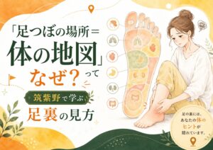 筑紫野で足つぼの場所が体の地図といわれる理由を、足裏の反射区とむくみに悩む女性のイラストで表したアイキャッチ画像