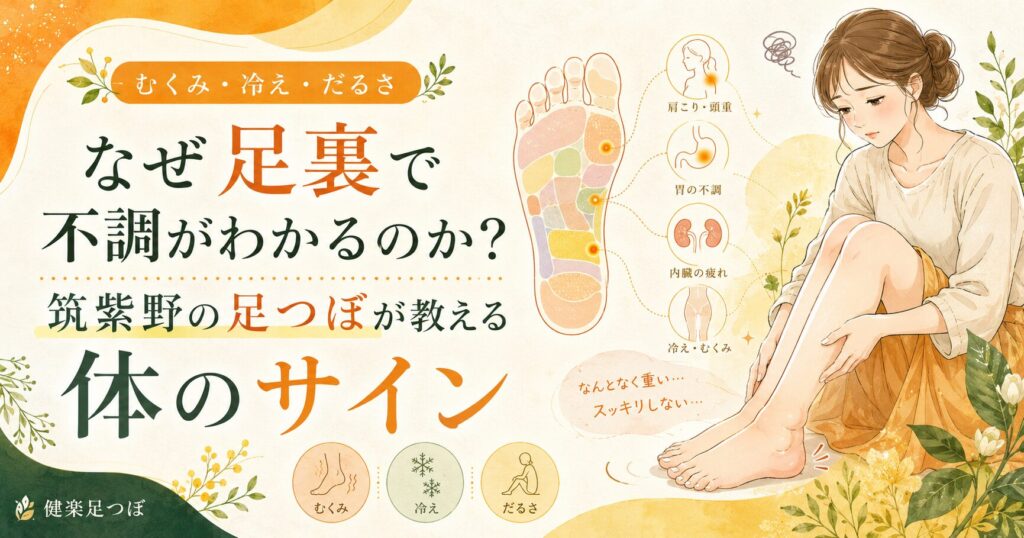 筑紫野の足つぼで足裏の場所から不調のサインを読み取るイメージ。むくみ・冷え・だるさに悩む女性と足裏の反射区を描いたアイキャッチ画像。