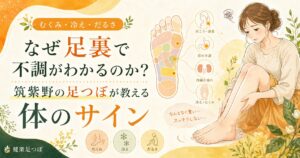 筑紫野の足つぼで足裏の場所から不調のサインを読み取るイメージ。むくみ・冷え・だるさに悩む女性と足裏の反射区を描いたアイキャッチ画像。