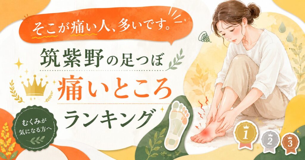 筑紫野の足つぼで痛いところランキングを紹介するアイキャッチ画像。むくみが気になる女性が足の痛みを感じている様子をやさしいイラストで表現。