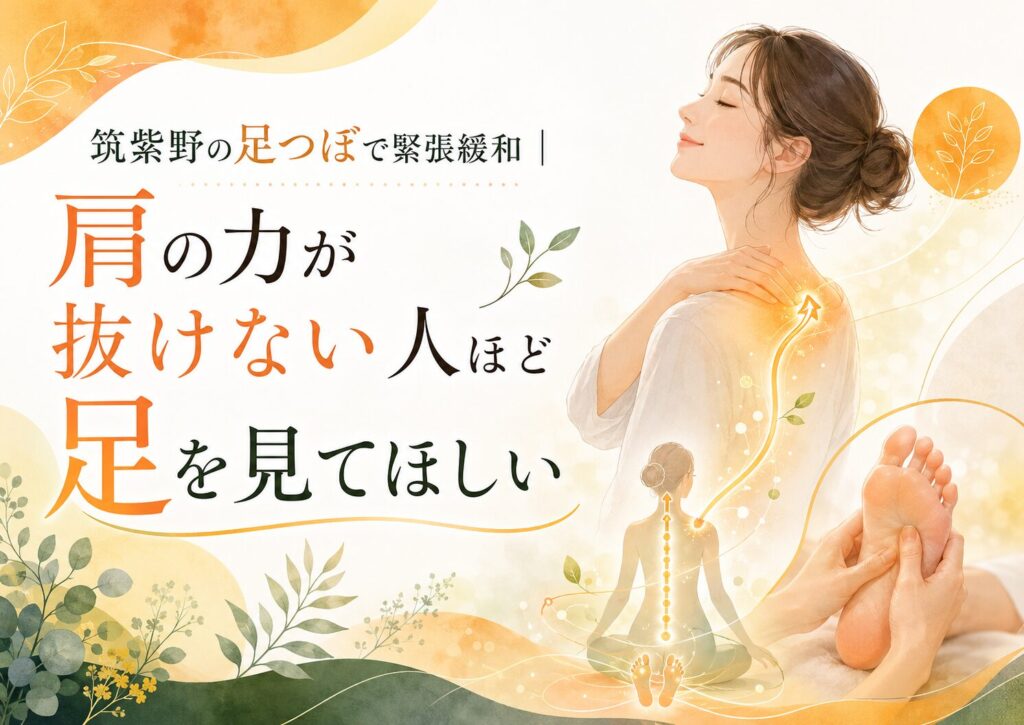 筑紫野の足つぼで緊張緩和を目指し、肩の力が抜けない女性が足元から整うイメージ