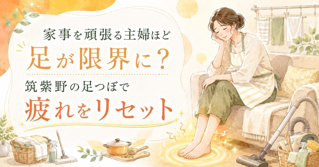 家事を頑張る主婦が足の疲れを感じているイラスト。筑紫野の足つぼで主婦疲れをリセットするイメージ。