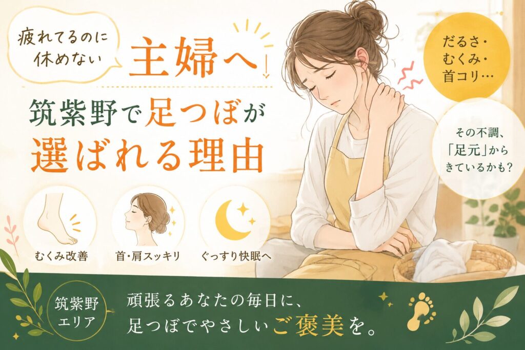 筑紫野で足つぼを受けたい主婦疲れの方へ向けた、だるさ・むくみ・首コリ・睡眠の悩みをやさしく表現したアイキャッチ画像