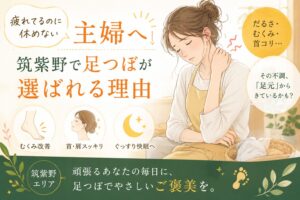 筑紫野で足つぼを受けたい主婦疲れの方へ向けた、だるさ・むくみ・首コリ・睡眠の悩みをやさしく表現したアイキャッチ画像