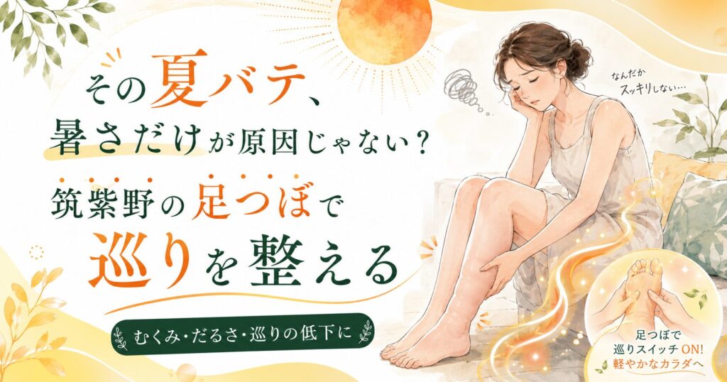 筑紫野の足つぼで夏バテやむくみ、だるさ、巡りの低下を整えるイメージ画像