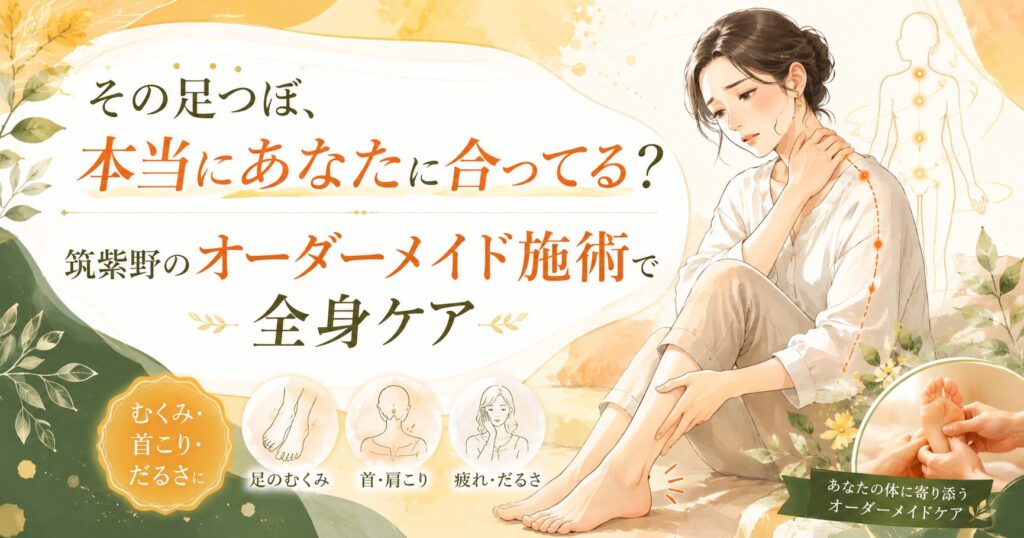筑紫野の足つぼオーダーメイド施術で、むくみ・首こり・だるさなど全身ケアを案内するアイキャッチ画像