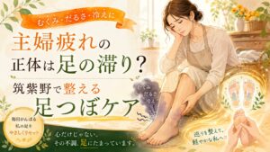 主婦疲れやむくみ・だるさに悩む女性が、筑紫野の足つぼケアで足の滞りを整えるイメージ