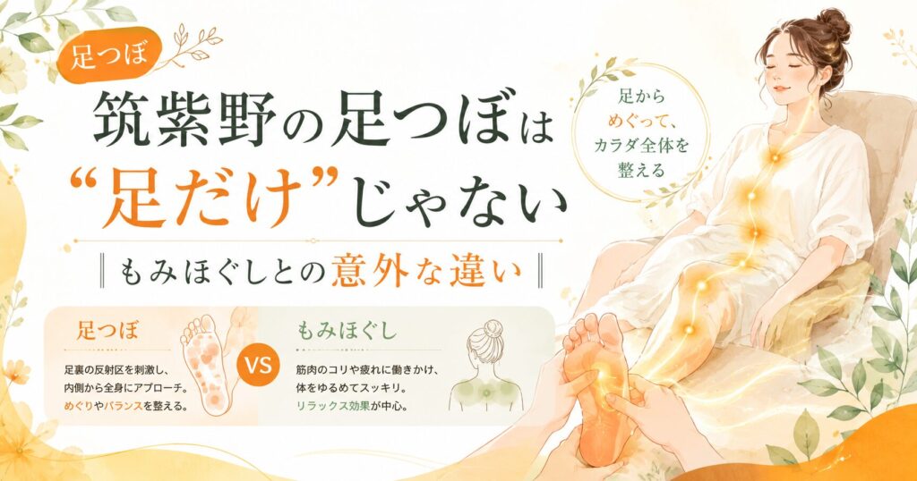 筑紫野の足つぼは足だけでなく全身のめぐりを整えるケアで、もみほぐしとの違いを解説するアイキャッチ画像
