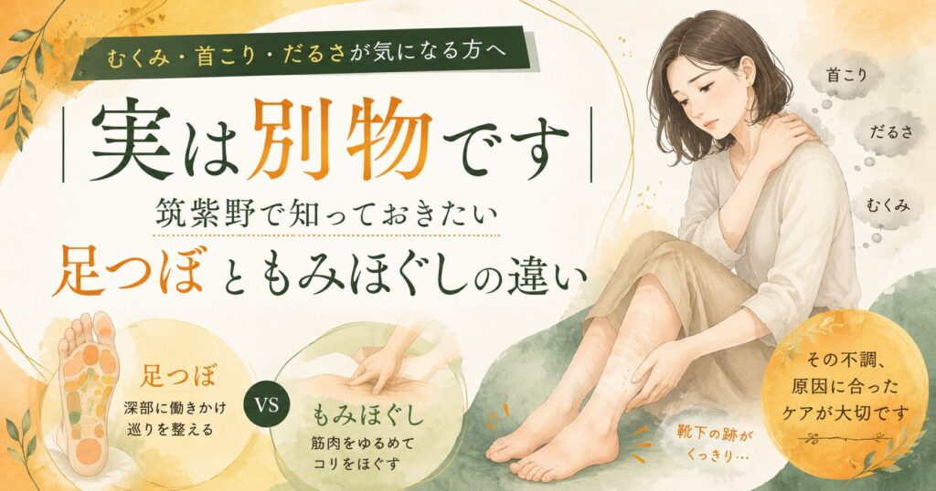筑紫野で足つぼともみほぐしの違いを解説する記事のアイキャッチ画像。むくみ・首こり・だるさに悩む女性と、足つぼと揉みほぐしの違いを柔らかいイラストで表現。