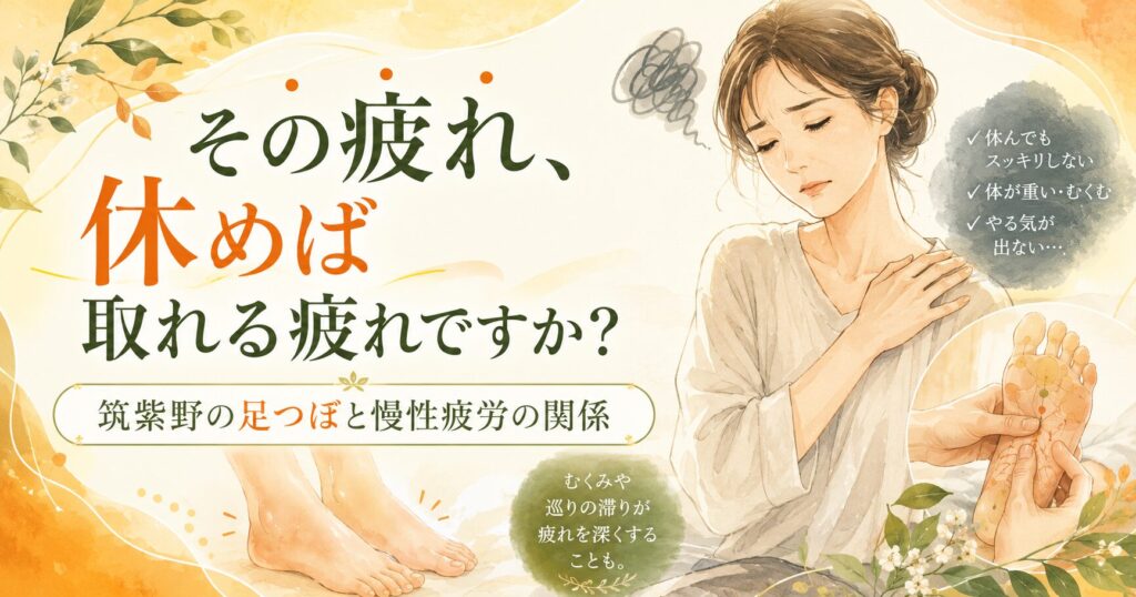 その疲れ、休めば取れる疲れですか?筑紫野の足つぼと慢性疲労の関係を表した女性向けアイキャッチ画像