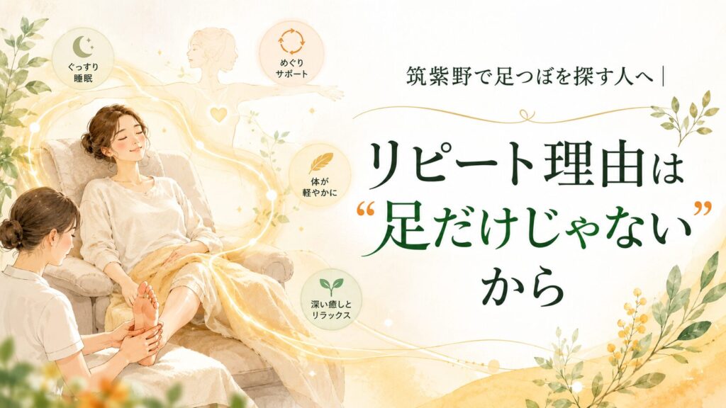 筑紫野で足つぼを探す女性が、足だけでなく全身の巡りや睡眠、リラックスを感じる施術イメージ