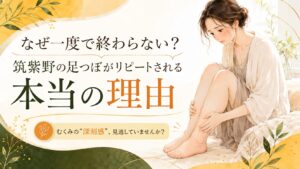 筑紫野の足つぼがリピートされる理由と、足のむくみに悩む女性を描いたアイキャッチ画像