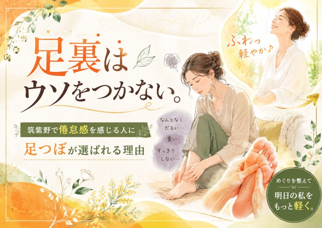 筑紫野で倦怠感に悩む女性へ、足つぼで足裏から巡りを整えて軽やかな毎日を目指すイメージ画像