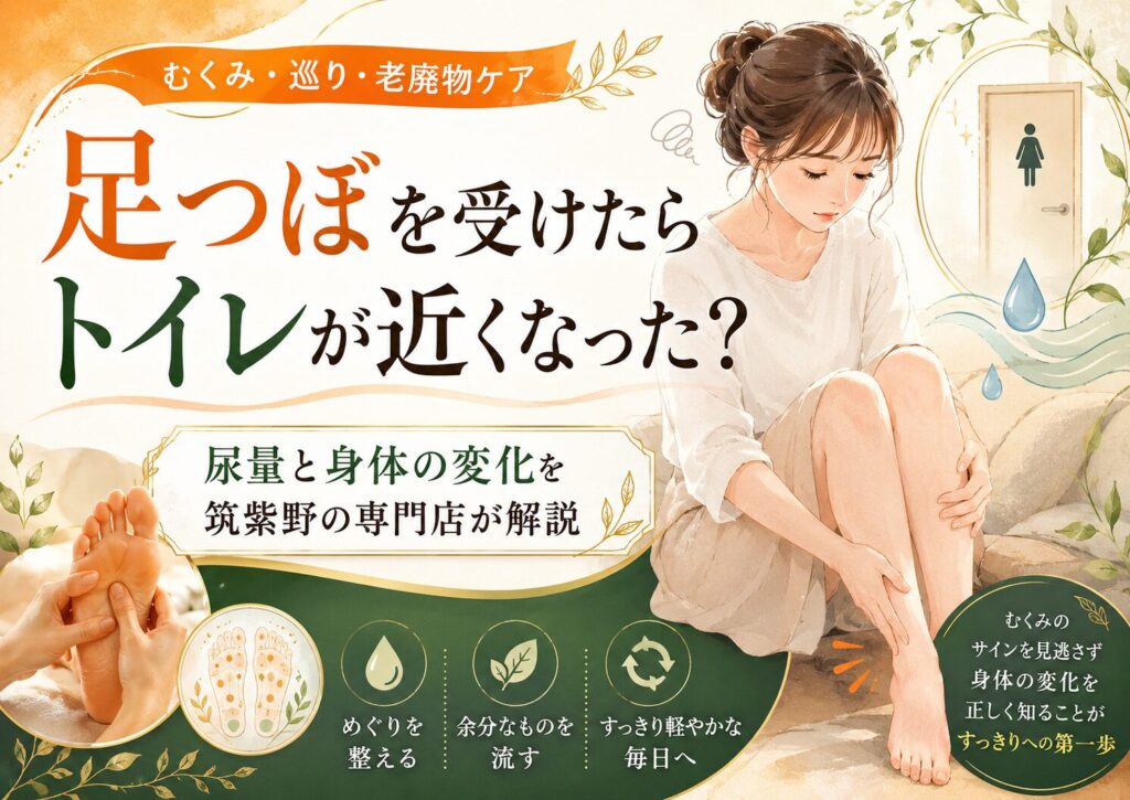 足つぼ後にトイレが近くなった女性と尿量・むくみの変化を筑紫野の専門店が解説するイラスト