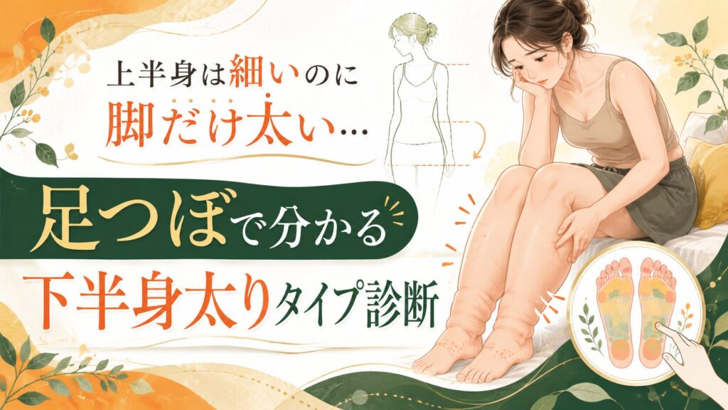 上半身は細いのに脚だけ太いと悩む女性と、足つぼによる下半身太りタイプ診断を表したイラスト