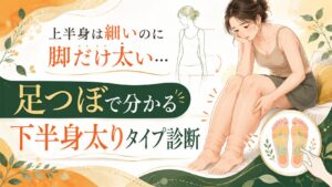 上半身は細いのに脚だけ太いと悩む女性と、足つぼによる下半身太りタイプ診断を表したイラスト