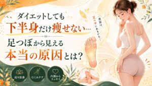 ダイエットしても下半身だけ痩せない女性と、足つぼから下半身太りの原因を探るイメージ