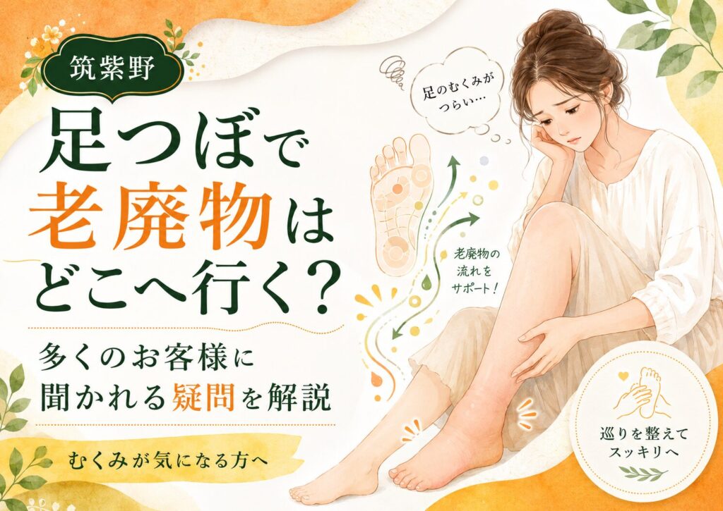 筑紫野の足つぼで老廃物がどこへ流れるのかを解説する、足のむくみに悩む女性のイラスト