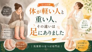 筑紫野で足つぼを探す方へ、体が重い女性と足から整い軽やかになった女性を比較したイラスト
