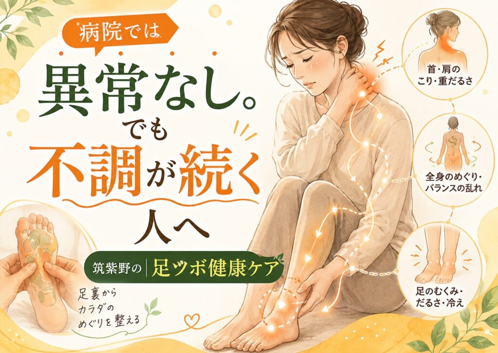 病院では異常なしでも不調が続く女性に向けた、筑紫野の足ツボ健康ケアを紹介するアイキャッチ画像